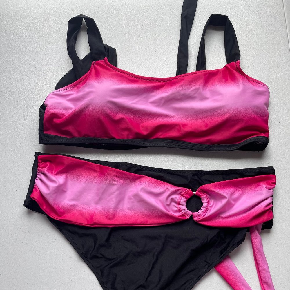 Black Pink Bandeau Top O-Ring Waist Detail Side Tie XXL
